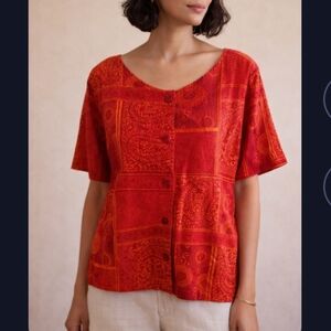 EriKa Blouse Size S Hawaiian Button Short Sleeve Linen/Rayon Orange